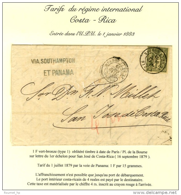 Càd PARIS / PL. DE LA BOURSE / N° 72 Sur Lettre Pour San Jose De Costa Rica. Taxe 4 Reales Au Crayon... - 1876-1878 Sage (Type I)