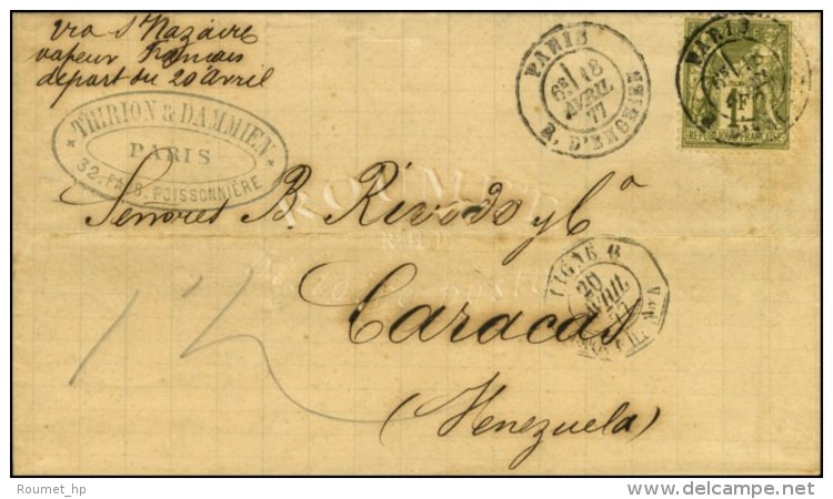 Càd PARIS / R. D'ENGHIEN / N° 72 Sur Lettre Pour Caracas, Au Recto Càd Octo De La Ligne B. 1877.... - 1876-1878 Sage (Type I)