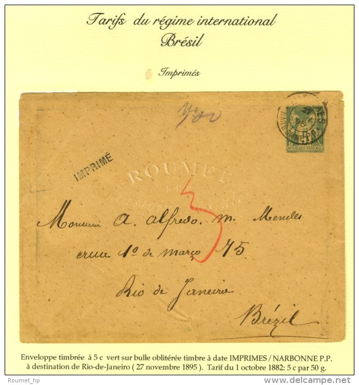 Càd IMPRIMES / NARBONNE P.P. Sur Entier 5c. Pour Rio De Janeiro. 1895. - TB. - 1876-1878 Sage (Type I)