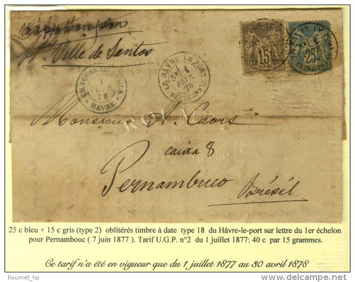 Càd LE HAVRE LE PORT / SEINE INFre / N° 77 + 79 Sur Lettre Pour Pernambouc (Brésil). 1877. Ce... - 1876-1878 Sage (Type I)