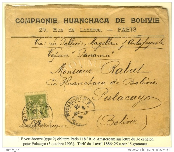 Càd PARIS / R. D'AMSTERDAM / N° 82 Sur Lettre 3 Ports Pour Pulacayo (Bolivie). 1903. - TB. - R. - 1876-1878 Sage (Type I)