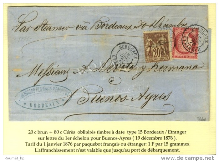 Càd BORDEAUX / ETRANGER / N° 57 + 67 (infime Pli) Sur Lettre Pour Buenos Aires. 1876. L'affranchissement... - 1876-1878 Sage (Type I)