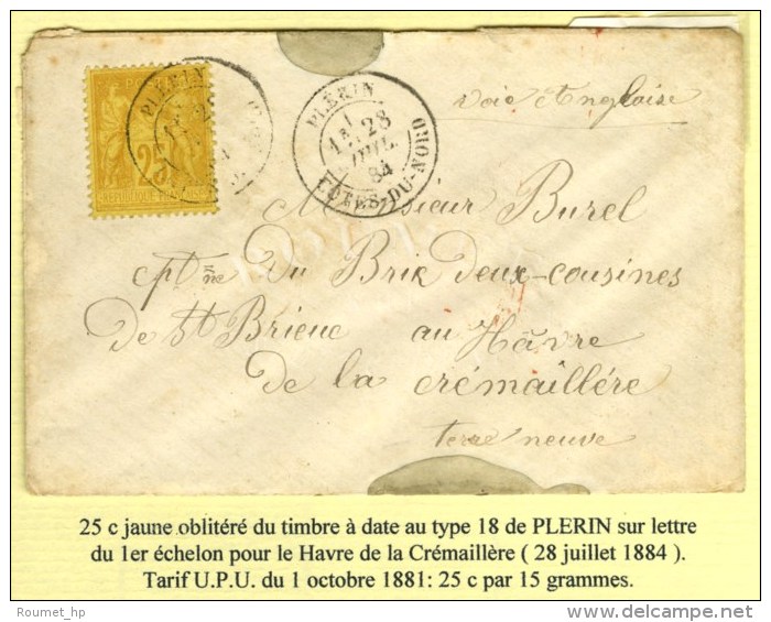Càd T 18 PLERIN / COTES DU NORD / N° 92 Sur Lettre Pour Le '' Capitaine Du Brik Deux-Cousines De St... - 1876-1878 Sage (Type I)