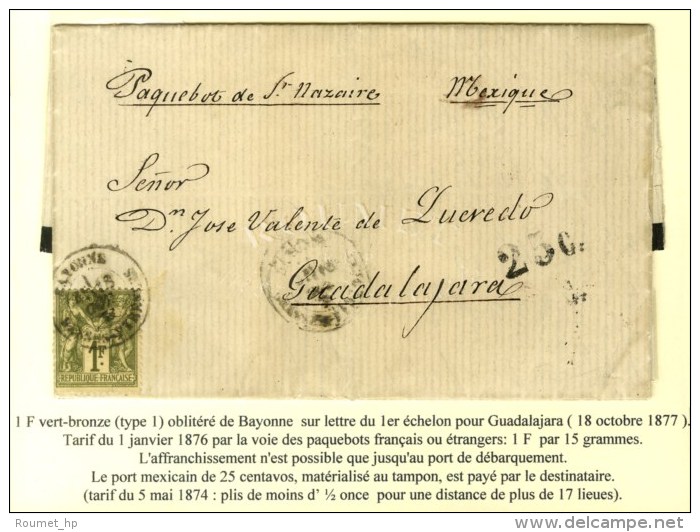 Càd BAYONNE / BASSES PYRENEES / N° 72 Sur Lettre Pour Guadalajara (Mexique), Taxe 25c Pour Le Port... - 1876-1878 Sage (Type I)