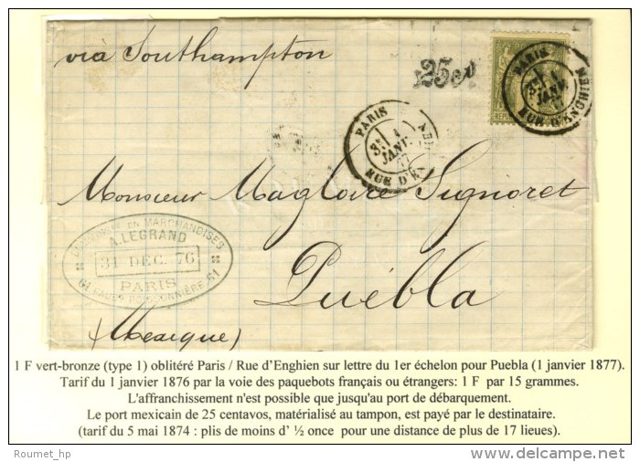 Càd PARIS / RUE D'ENGHIEN / N° 72 Sur Lettre Pour Puebla (Mexique), Taxe 25c Pour Le Port Mexicain.... - 1876-1878 Sage (Type I)