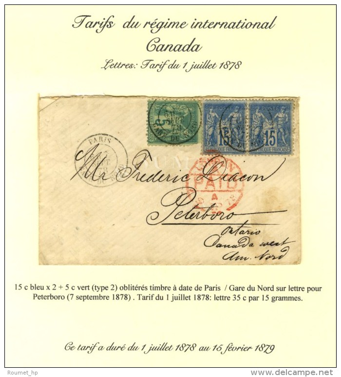 Càd PARIS / GARE DU NORD / N° 75 (pd) + 90 Paire Sur Lettre Pour Peterborough (Ontario, Canada). 1878.... - 1876-1878 Sage (Type I)