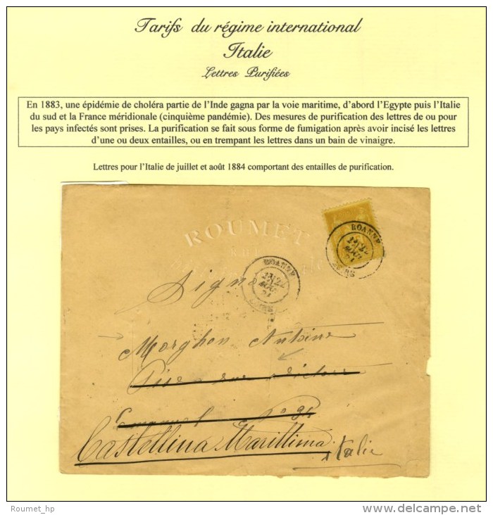 Càd ROANNE / LOIRE / N° 92 22 AOUT 84 Sur Lettre Pour L'Italie Avec Entaille De Purification (les... - 1876-1878 Sage (Type I)
