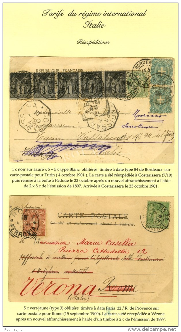 Lot De 2 Cartes Pour L'Italie Réexpédiées à L'aide De Timbres Poste Italiens. - TB. - 1876-1878 Sage (Type I)