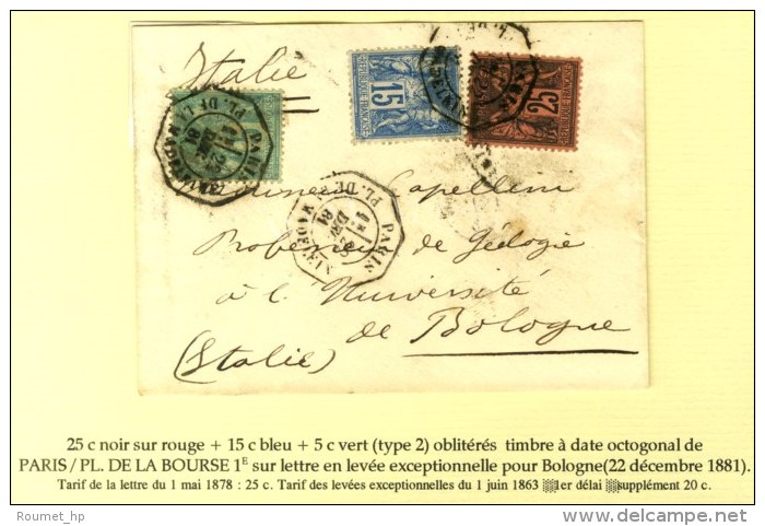 Càd Octo De Lev. Exp. PARIS / PL. DE LA MADELEINE 1ere / N° 75 + 90 + 91 Sur Lettre Pour Bologne. 1881.... - 1876-1878 Sage (Type I)