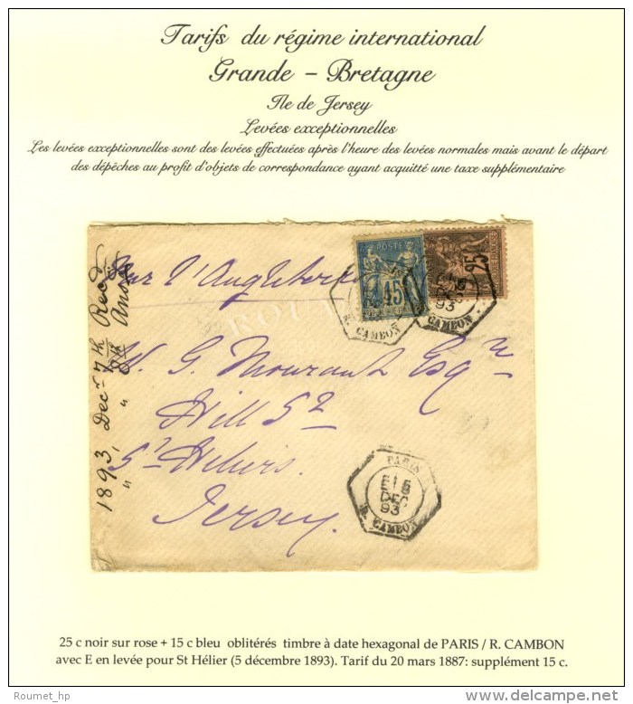 Càd Hexagonal De Lev. Exp. PARIS / R. CAMBON E Sur Lettre Pour St Helier (Jersey). 1893. - TB. - R. - 1876-1878 Sage (Type I)