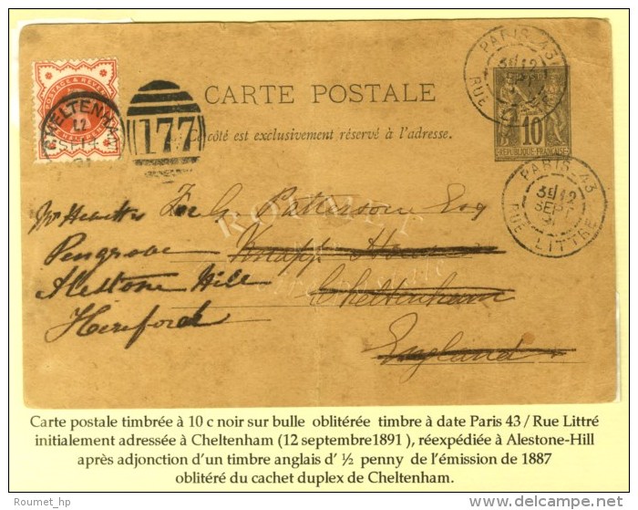 Càd PARIS 43 / RUE LITTRE Sur Entier 10c Pour Cheltenham Réexpédié à... - 1876-1878 Sage (Type I)