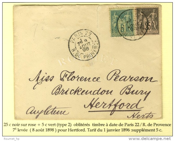 Càd De Lev. Exp. PARIS 22 / R. DE PROVENCE 7E / N° 75 + 97 Sur Lettre Pour Hertford. 1898. - TB / SUP. -... - 1876-1878 Sage (Type I)