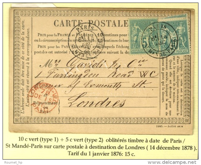 Càd PARIS / ST MANDE PARIS / N° 65 + 75 Sur CP Pour Londres. 1878. - TB / SUP. - 1876-1878 Sage (Type I)