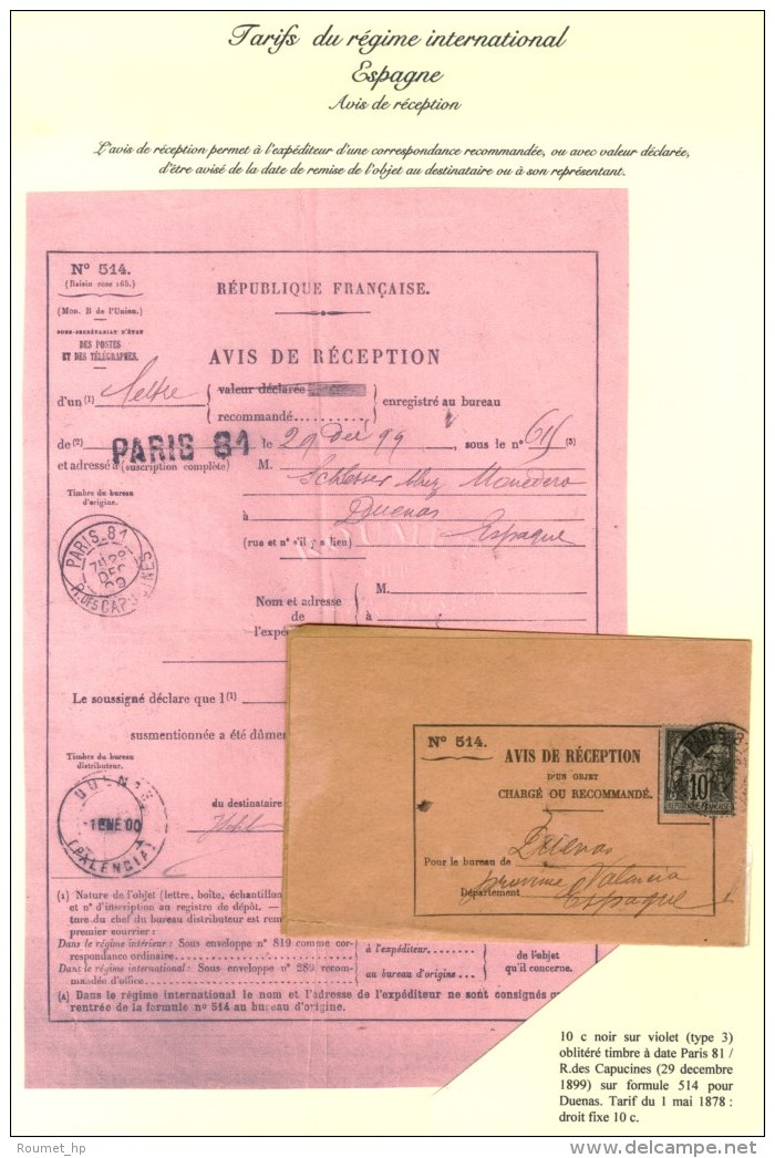 Càd PARIS 81 / R. DES CAPUCINES Sur Avis De Réception (formule 514) Pour Duenas (province De... - 1876-1878 Sage (Type I)