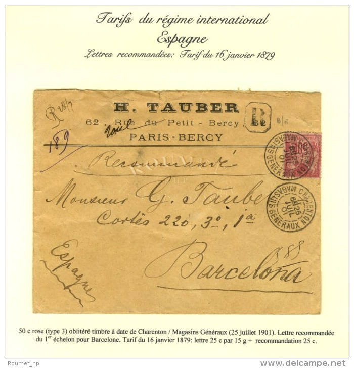 Càd CHARENTON / MAGASINS GENERAUX / N° 104 Sur Lettre Recommandée Pour Barcelone. 1901. - TB /... - 1876-1878 Sage (Type I)