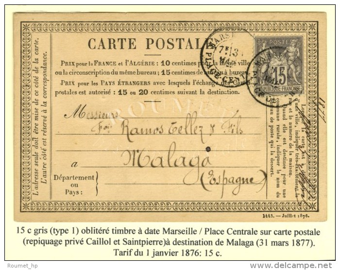 Càd MARSEILLE / PLACE CENTRALE / N° 66 Sur CP Pour Malaga (repiquage Privé Caillol Et... - 1876-1878 Sage (Type I)