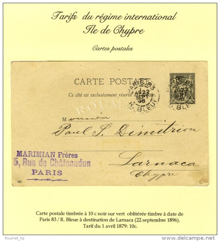 Càd PARIS 83 / R. BLEUE Sur Entier 10c à Destination De Larnaca (Chypre). 1896. Très Rare... - 1876-1878 Sage (Type I)