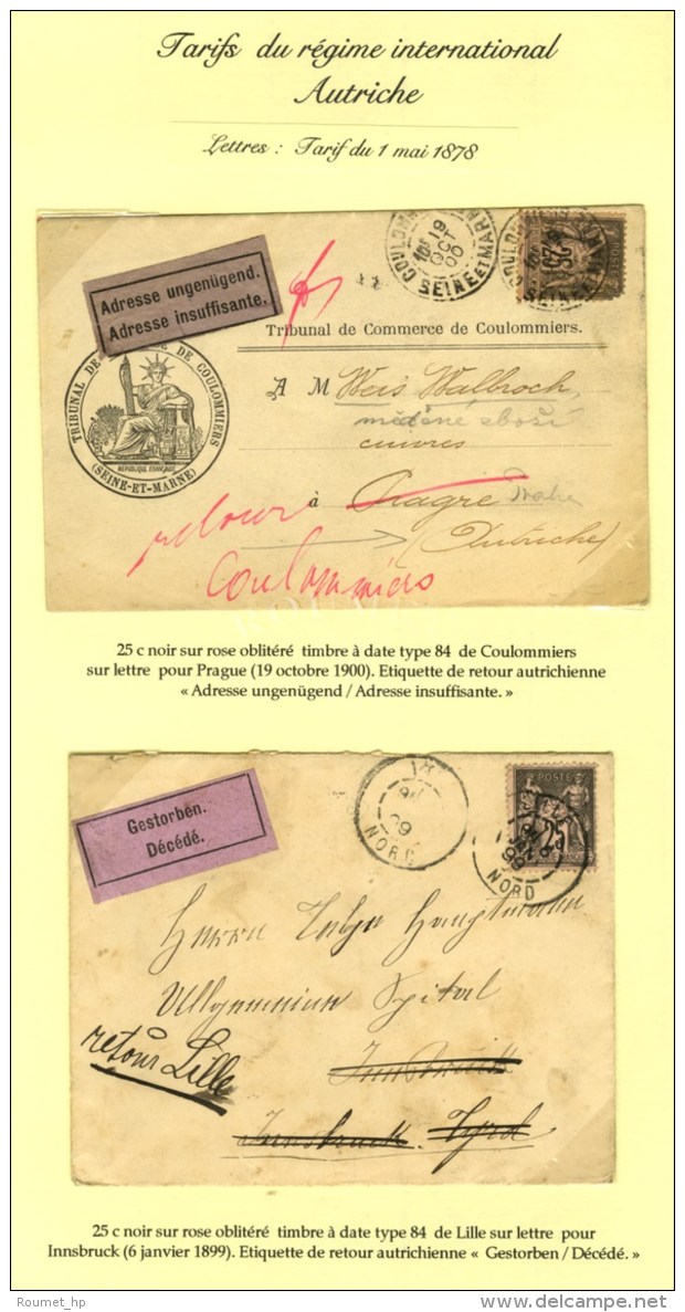 Lot De 2 Lettres Affranchies à 25c Pour L'Autriche Avec étiquettes Violettes '' ADRESSE INSUFFISANTE... - 1876-1878 Sage (Type I)