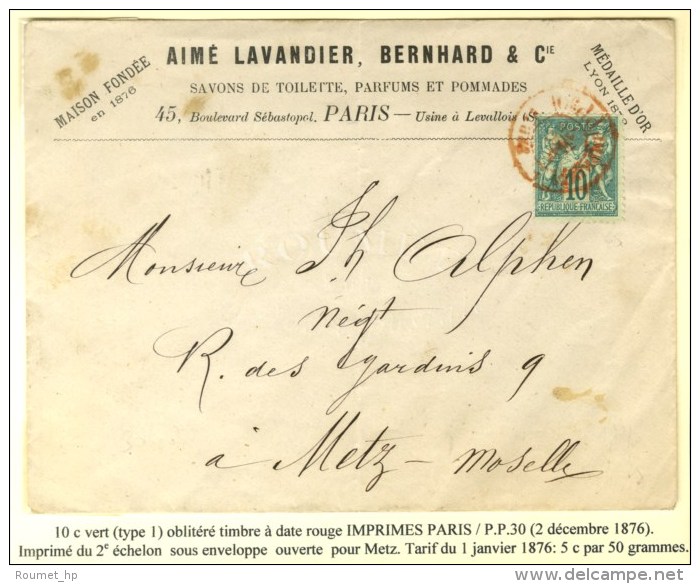 Càd Rouge IMPRIMES PARIS / PP 30 / N° 65 Sur Imprimé 2 Ports Sous Enveloppe Ouverte Pour Metz.... - 1876-1878 Sage (Tipo I)