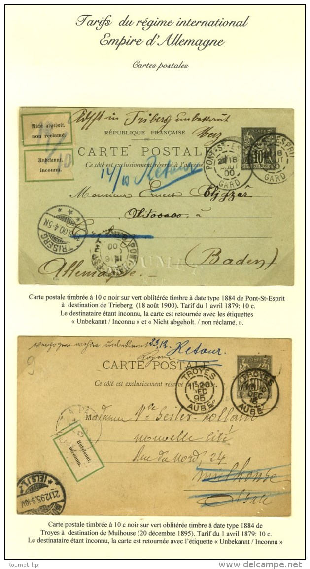 Lot De 2 Cartes Entier à 10c Adressées En Allemagne Avec étiquette ' INCONNU '. - TB. - 1876-1878 Sage (Type I)