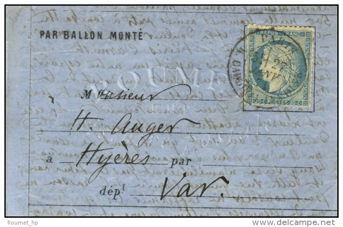 Càd PARIS / R. CARDINAL LEMOINE 27 JANV. 71 / N° 37 Sur Lettre PAR BALLON MONTE Pour Hyères... - Oorlog 1870
