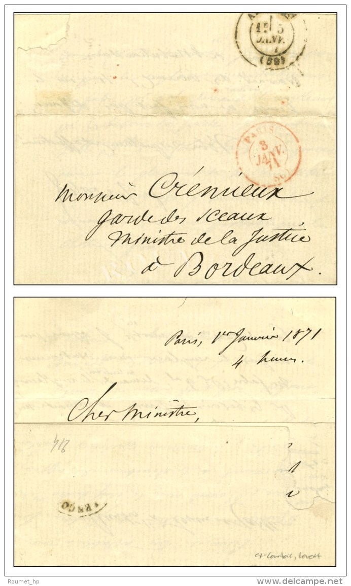 Càd Rouge PARIS (SC)  3 JANV. 71 Sur Lettre Adressée En Franchise à Monsieur Crémieux... - Oorlog 1870