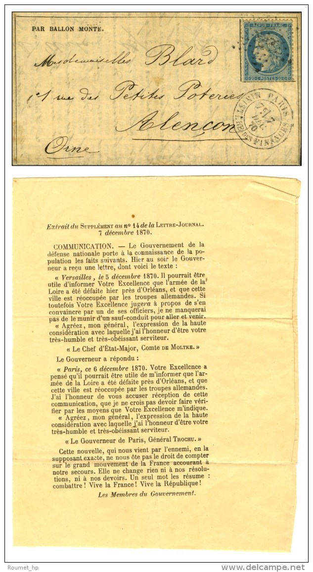 Etoile 35 / N° 37 Càd PARIS / MINISTERE DES FINANCES 7 DEC. 70 Sur Gazette N° 14 Avec... - Oorlog 1870