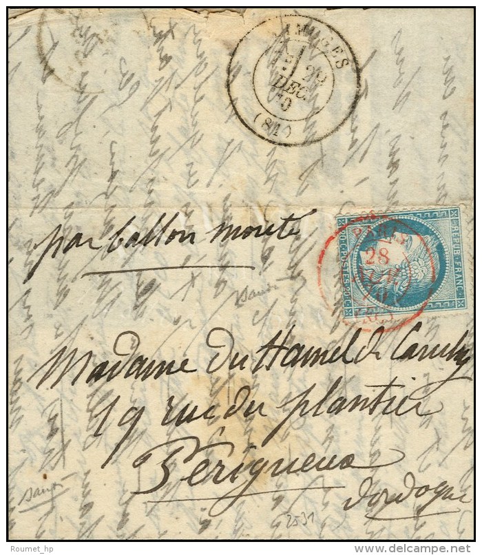 Càd Rouge PARIS (SC) 28 NOV. 70 / N° 37 Sur Lettre Pour Périgueux (Dordogne), Au Verso Càd... - Oorlog 1870