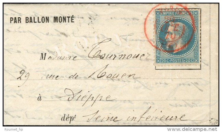 Càd Rouge PARIS (SC) 20 OCT 70 / N° 29 Sur Lettre PAR BALLON MONTÉ Pour Dieppe (Seine... - Oorlog 1870