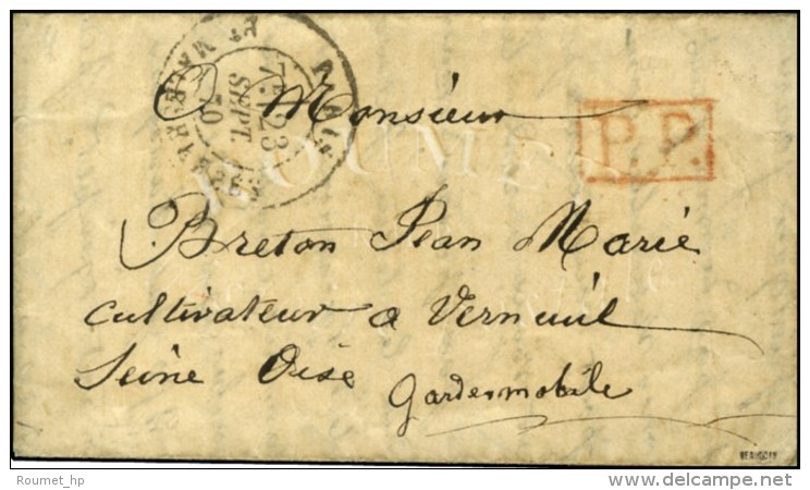Càd Paris / BT MALSHERBES 23 SEPT 70 + Griffe Encadrée P.P. Rouge Sur Lettre Pour Verneuil (Seine Et... - Oorlog 1870