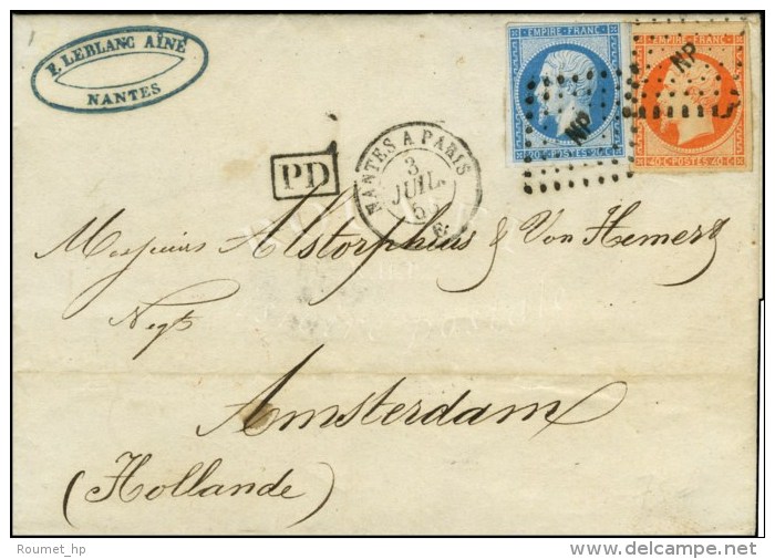 Losange NP / N° 14 + 16 Càd NANTES A PARIS Sur Lettre 2 Ports Pour Amsterdam. 1858. - SUP. - 1853-1860 Napoleon III