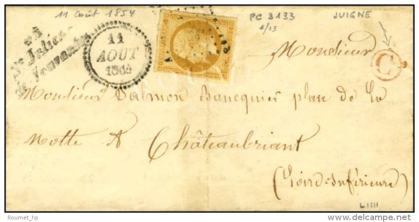 PC 3133 / N° 13 (pli), Cursive 42 / St Julien / De Vouvantes, B. RUR. C Rouge '' Juigné '' Dateur A Sur... - 1853-1860 Napoleon III