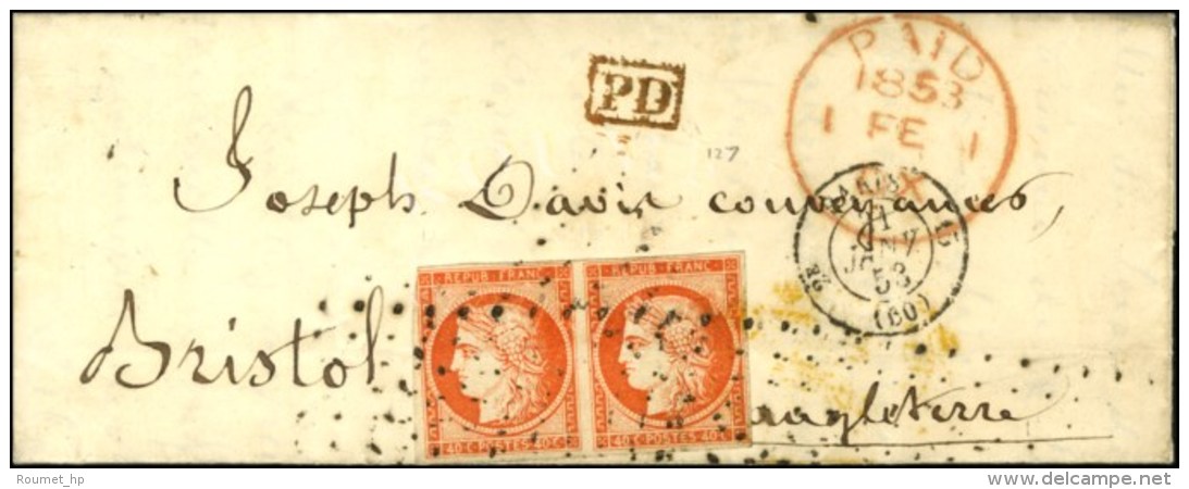 Rouleau De Gros Points / N° 5 Paire (1 Ex. Pd) Càd PARIS (60) Sur Lettre Pour L'Angleterre. 1853. - TB.... - 1849-1850 Cérès