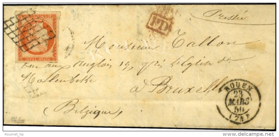 Grille / N° 5 (belles Marges) Càd T 15 ROUEN (74) Sur Lettre Avec Texte Pour Bruxelles. 1850. - TB /... - 1849-1850 Cérès
