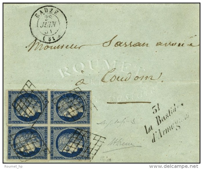 Grille / N° 4 Bleu Foncé Bloc De 4 Càd T 15 EAUZE (31) Cursive 31 / La Bastide / D'Armagnac Sur... - 1849-1850 Cérès