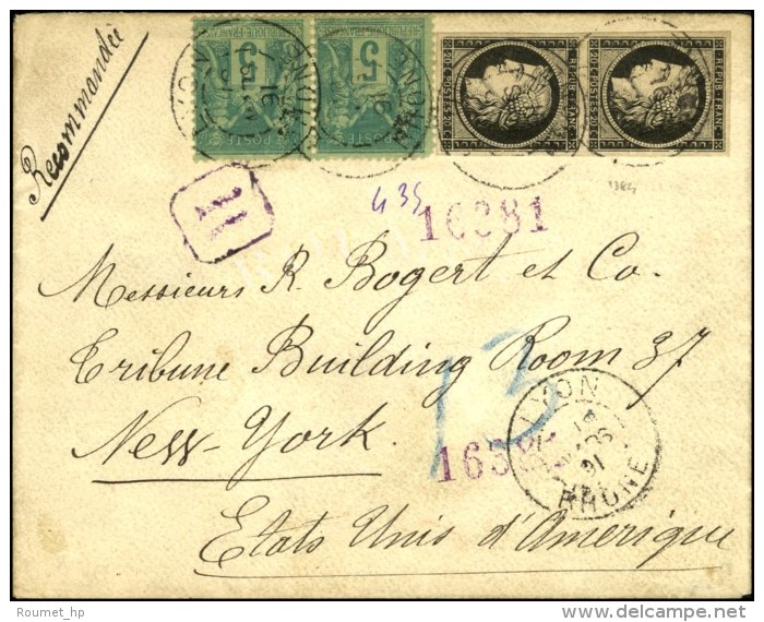 Càd LYON / RHÔNE / N° 3 Paire + N° 75 Paire Sur Lettre Recommandée Pour New York. 1891.... - 1849-1850 Cérès