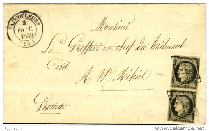 Grille / N° 3 Paire (1 Ex. Leg Def) Càd T 14 VAUCOULEURS (53) Sur Lettre 2 Ports Pour St Mihiel. 1849. -... - 1849-1850 Cérès