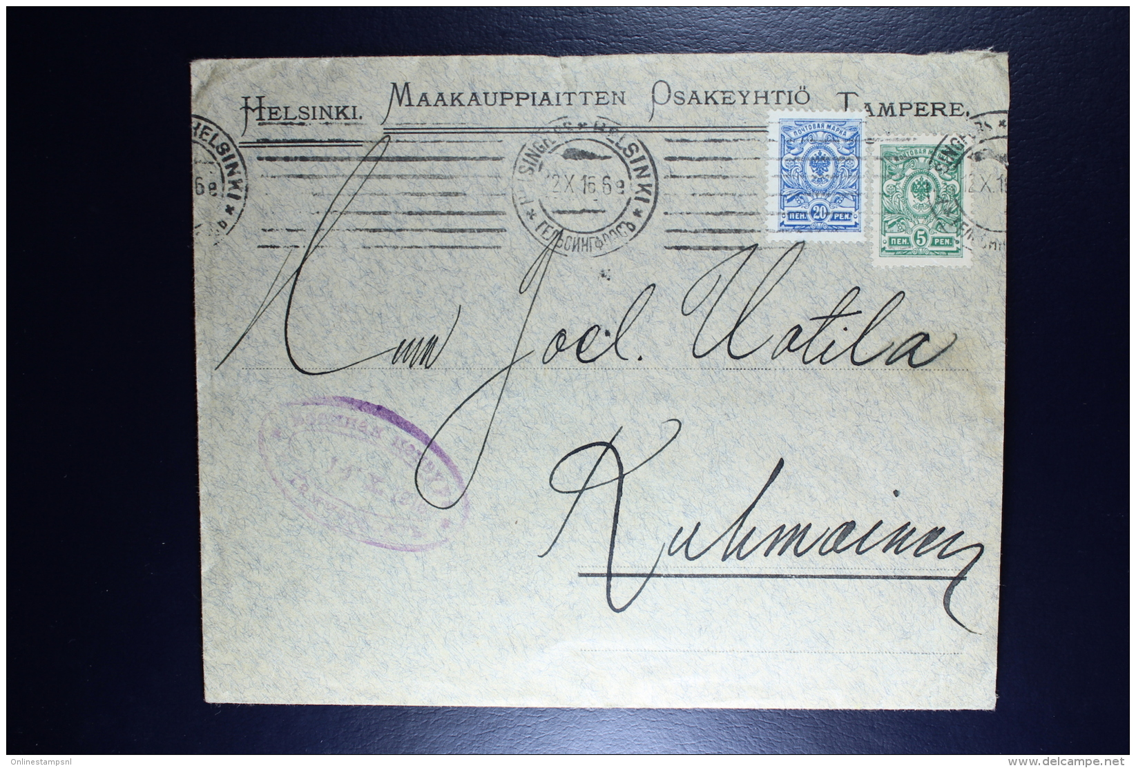 Finland:  Cover 1916 Helsinki To Kuhmoinen Censored In Tammerfors Tampere 14-10-1916 Oval Violet Cancel - Briefe U. Dokumente