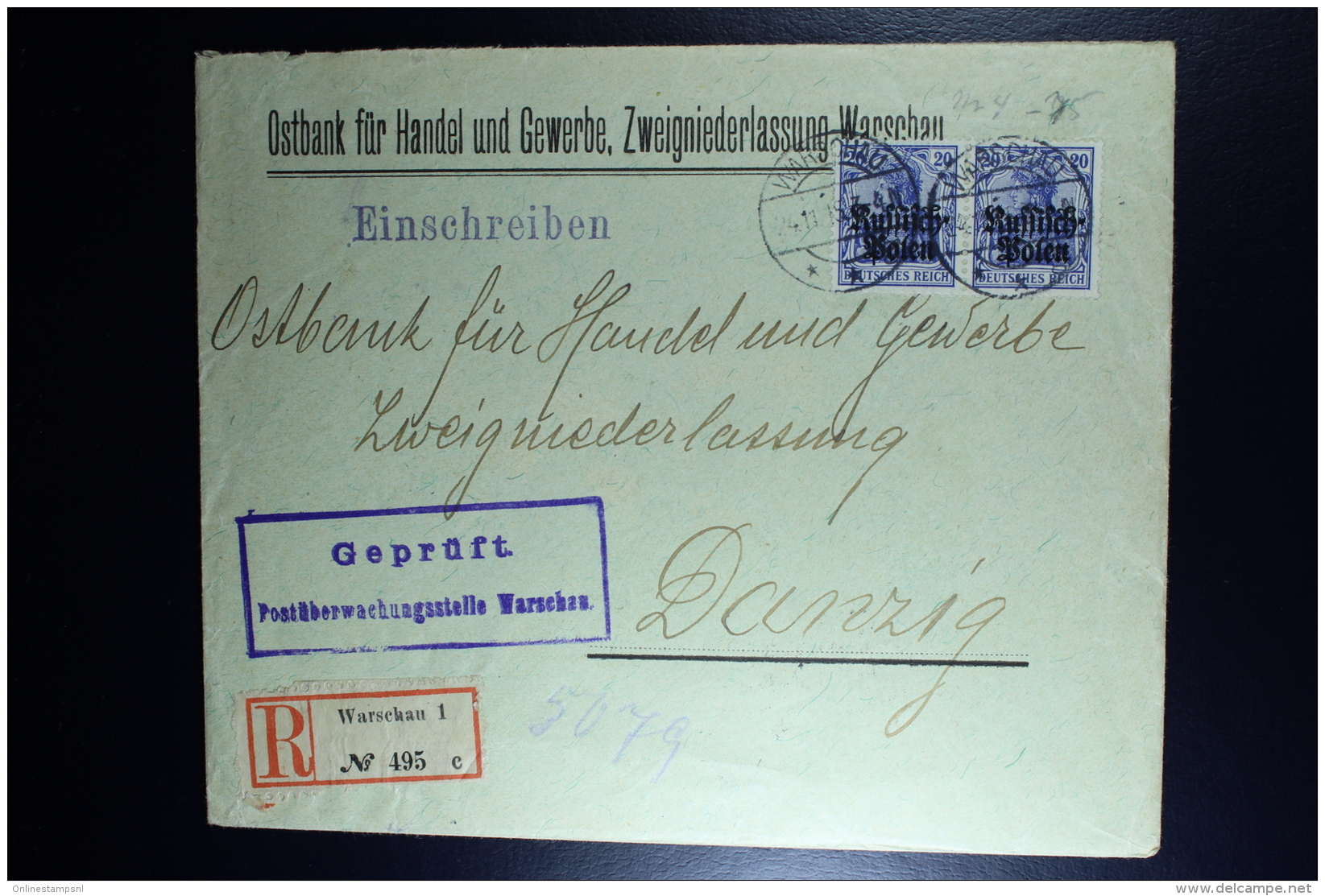 German Registered Cover 1915 Warschau To Danzig  Censor Cancel Warschau. Pair Mi Nr 4 - Besetzungen 1914-18