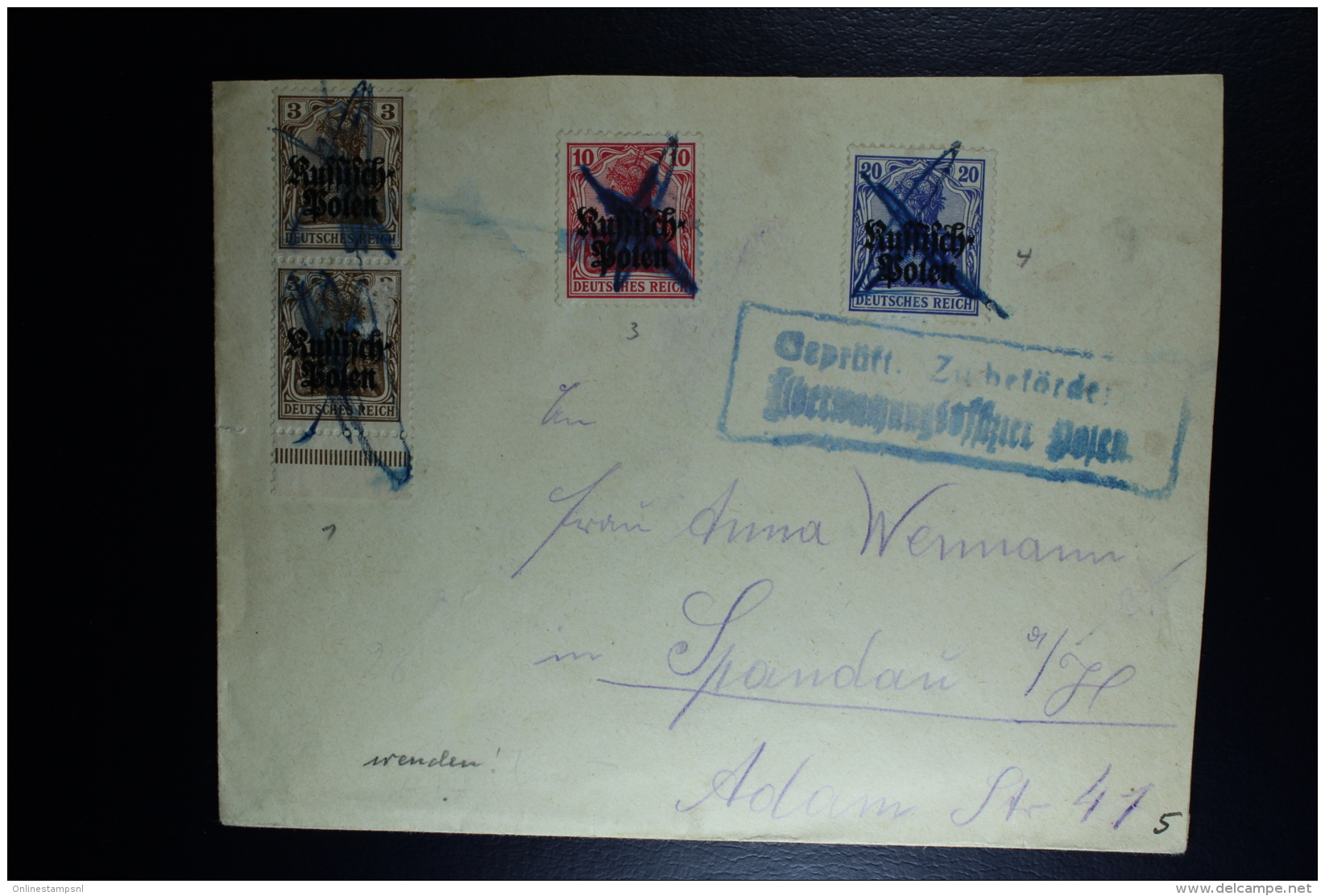 German Fieldpost Cover 1917 Stamps Cancelled Blue Cross Censor Armeekorps Posen, Militärischerseits Etc. + Geprüft - Besetzungen 1914-18