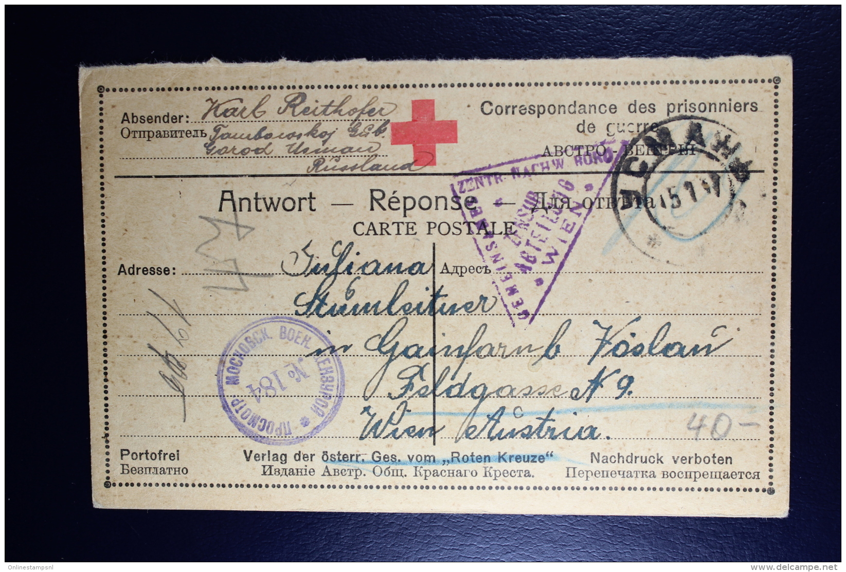 Russia 1917 Prisoner Of War Answer Card  / Service Des Prisonniers De Geurre  Russian Censor - Brieven En Documenten
