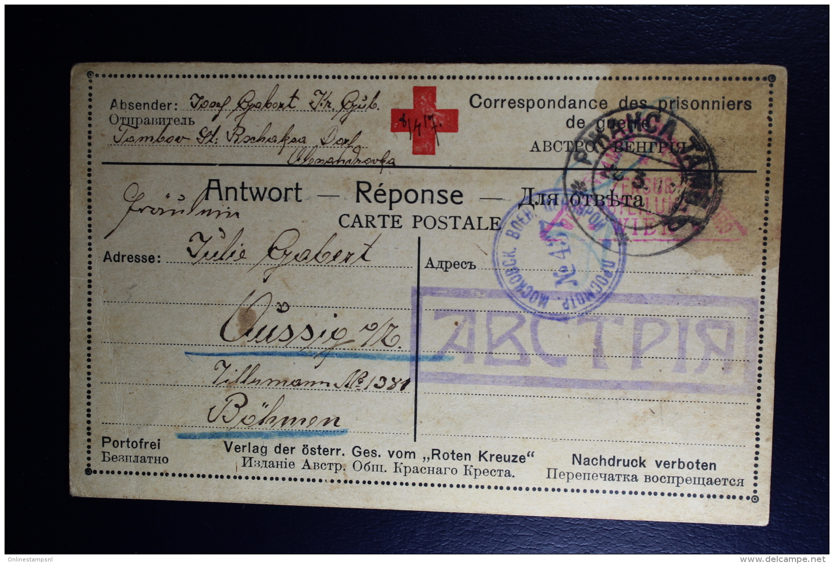 Russia Prisoner Of War Card  1917 Large Cancel ABCTPIA Austria  RR Censor Military  Moskou + Vienna - Lettres & Documents