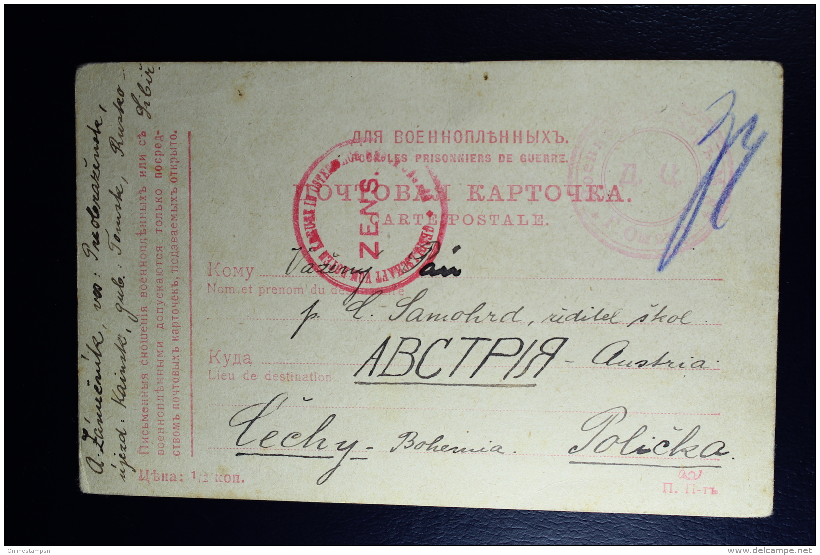 Russia Prisoner Of War Card  1915 Krasnaja-Rjeczka  To Cechy Bohemia, 2x Censored - Briefe U. Dokumente