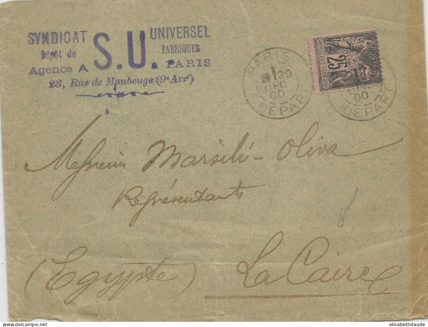 SAGE - 1900 - ENVELOPPE De PARIS Pour LE CAIRE (EGYPTE) - DESTINATION ! - 1876-1898 Sage (Type II)