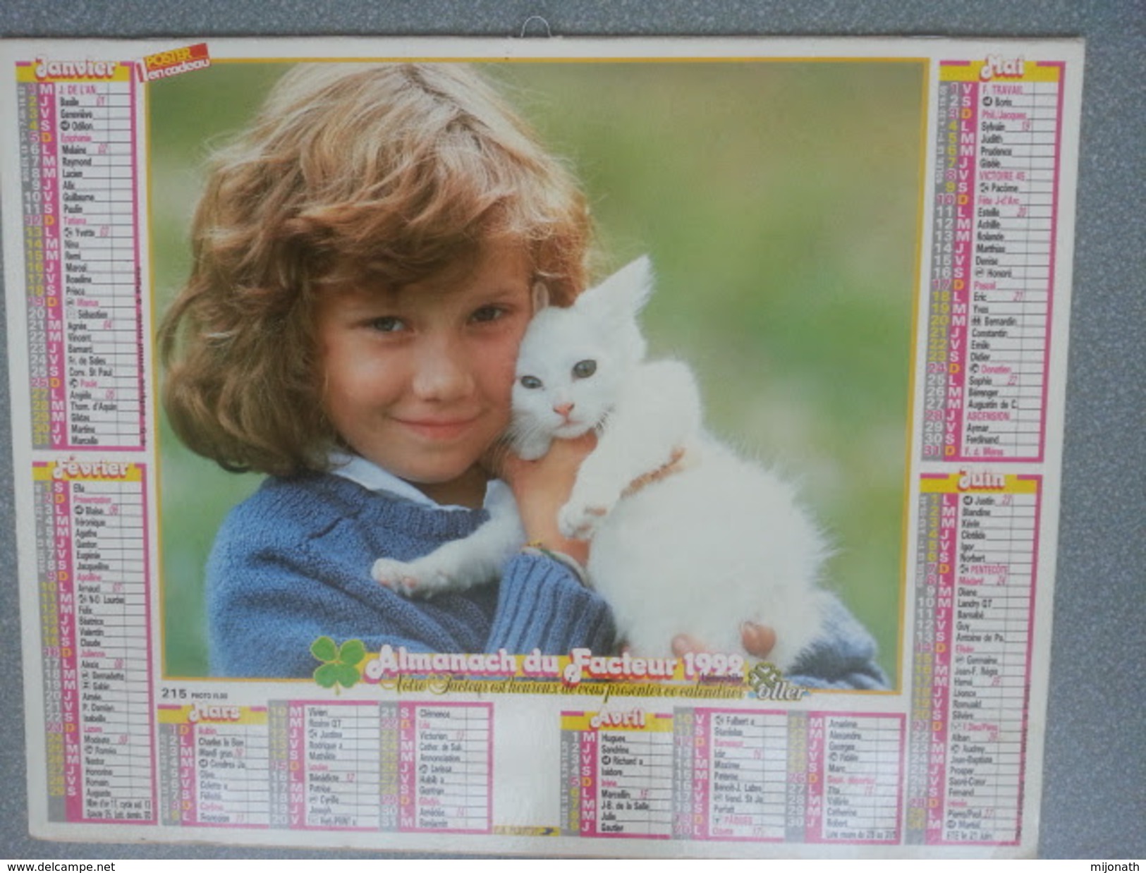 Vp-France-Calendrier 1992 Almanach Du Facteur - Enfant Avec Chiot - Enfant Avec Chaton - Groot Formaat: ...-1900