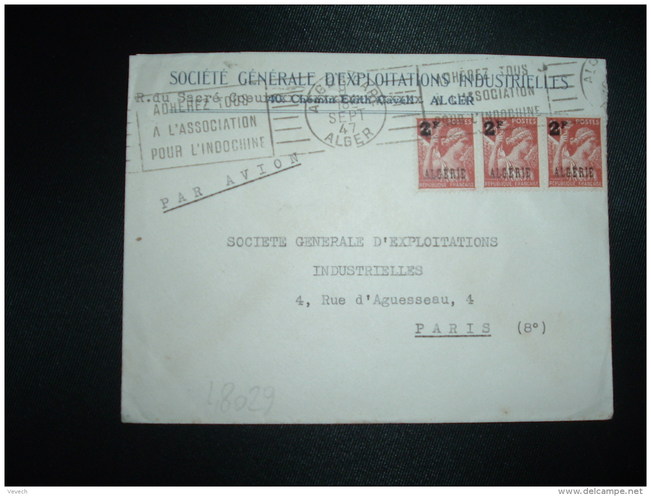 LETTRE TP IRIS 1F50 Surchargé 2F ALGERIE OBL.MEC.9 SEPT 47 ALGER GARE + ADHEREZ TOUS A L'ASSOCIATION POUR L'INDOCHINE - 1939-44 Iris