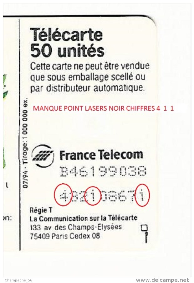 VARIÉTÉS FRANCE 07 / 94  F493 GINI 50 U  GEM DN 9 CARAC. LASERS X 2 LIGNES 50 UNITE  UTILISÉE  B46199038 / 4321 08671 - Errors And Oddities