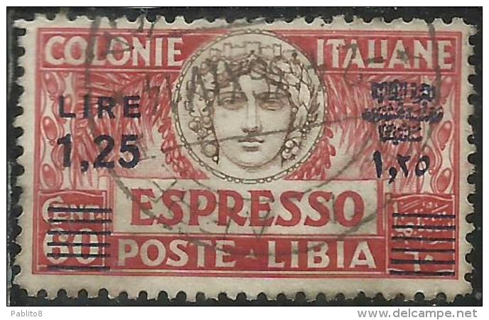 LIBIA 1927 1933 ESPRESSO SPECIAL DELIVERY LIRE 1,25 SU 60 C SOPRASTAMPA NERA BLACK DENT PERF. 11 USATO CERTIFICATO - Libia