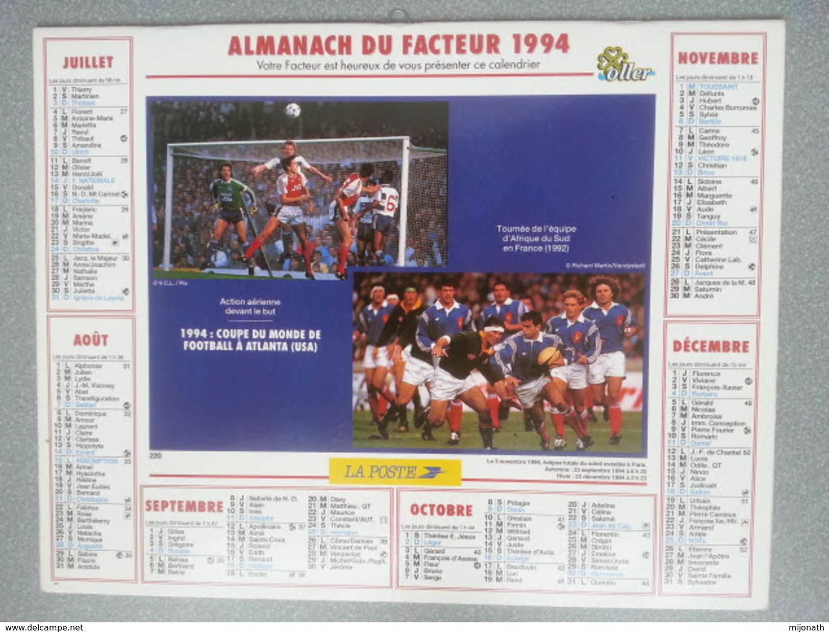 Vp-France-Calendrier 1994 Almanach Du Facteur - J.O. Alberville - Football - Groot Formaat: ...-1900