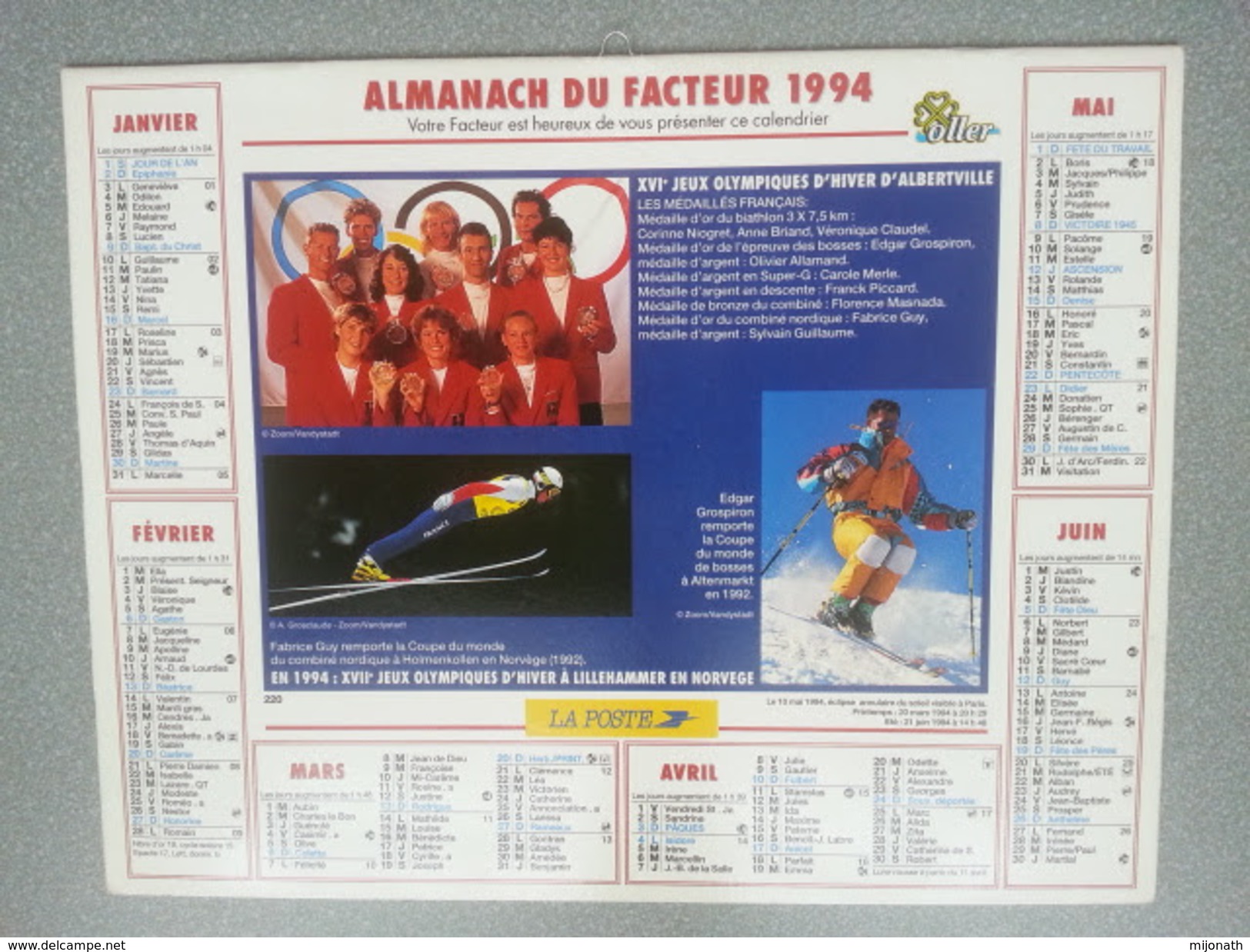 Vp-France-Calendrier 1994 Almanach Du Facteur - J.O. Alberville - Football - Groot Formaat: ...-1900